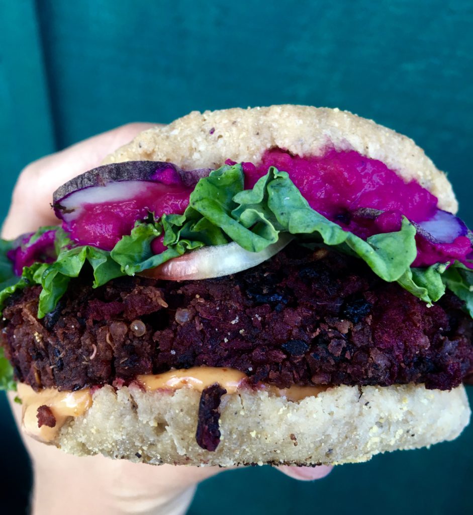 Homecooked with Love Black Bean and Beet Veggie Burger served with Gluten Free English Muffins from the blog