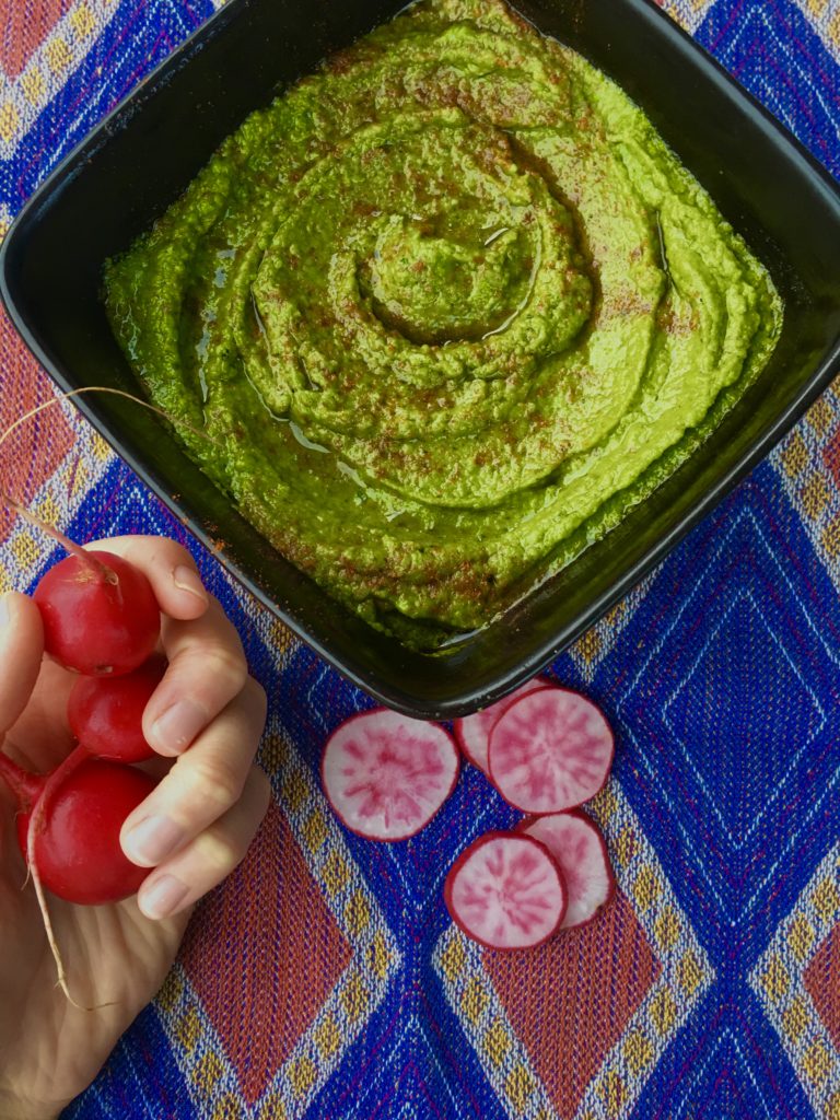 Spicy Kale Hummus with organic radish